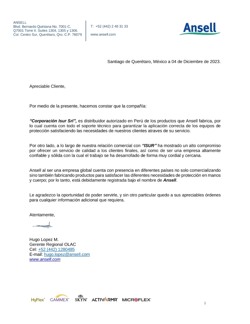 CONSTANCIA DE DISTRIBUCION AUTORIZADO - ANSELL